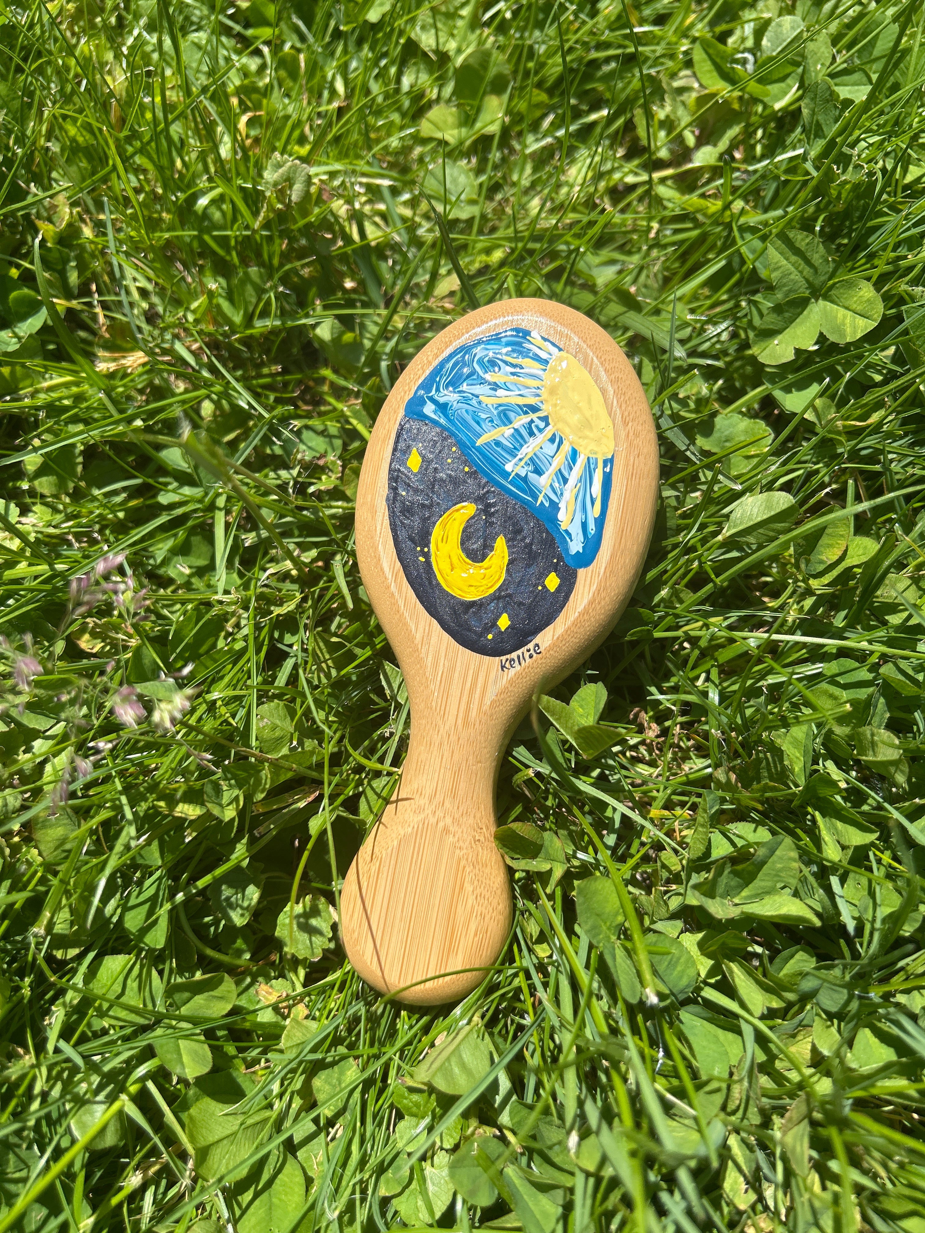 Sun/moon mini hand painted hairbrush