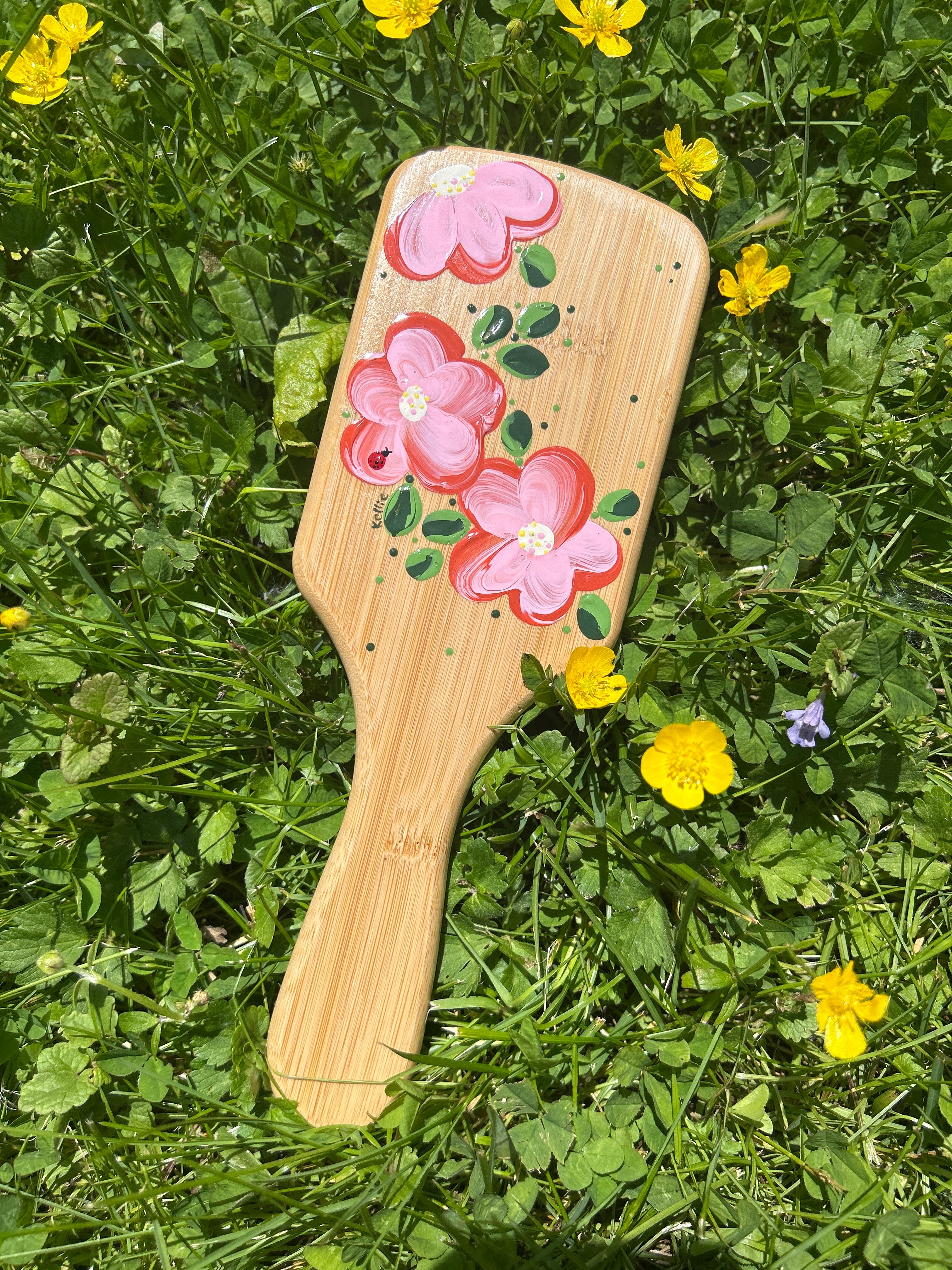 Coral & pink hand painted hairbrush